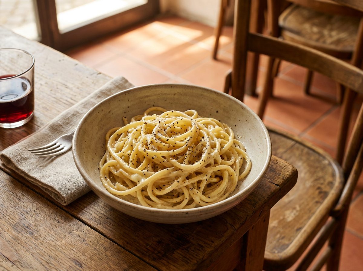 Cacio e pepe: tonnarelli con pecorino romano e pepe nero
