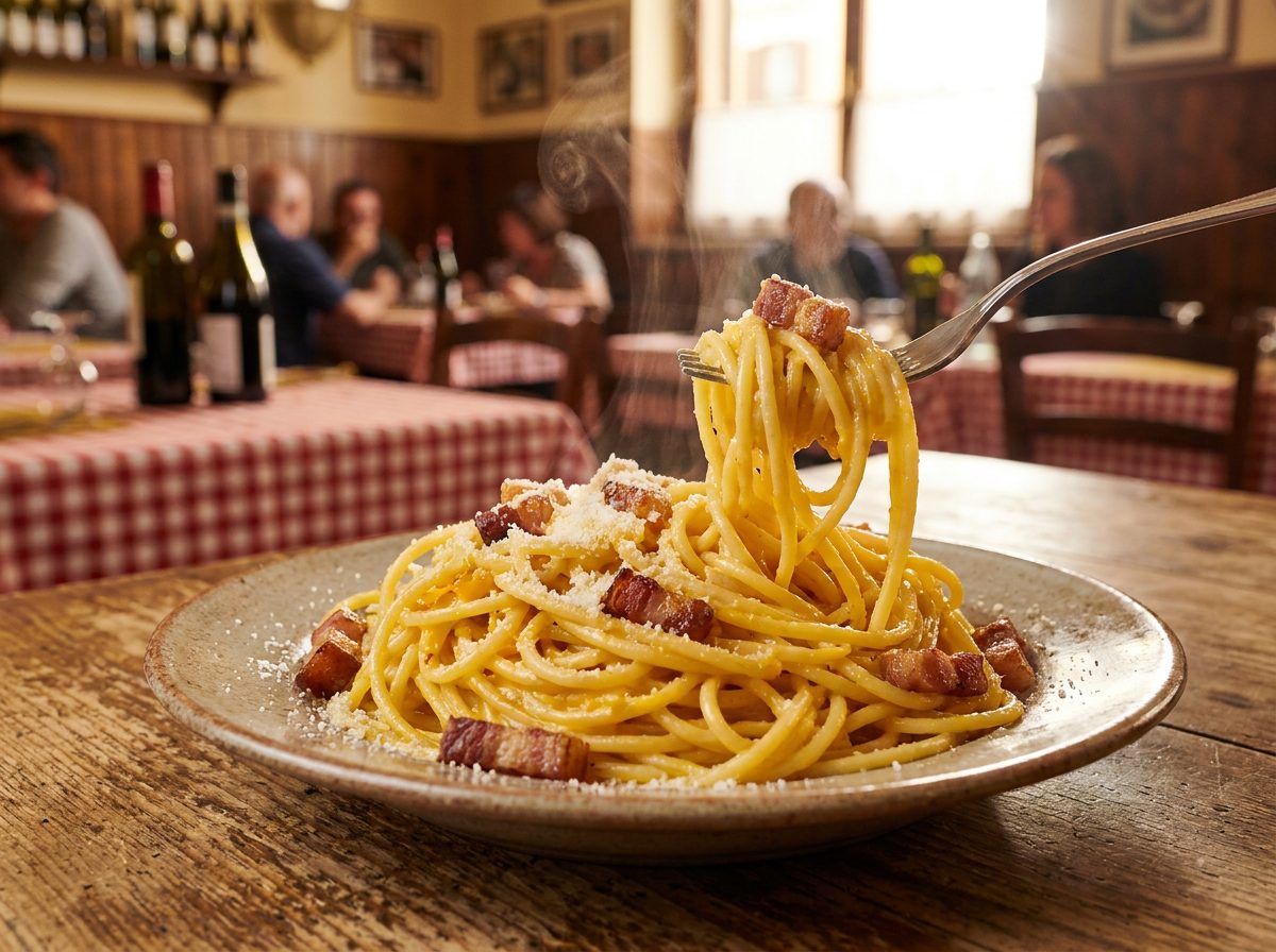 Spaghetti alla carbonara con guanciale e pecorino